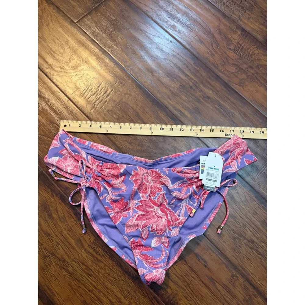 Time and Tru Bikini Bottom Women 1X Purple Floral NWT Ruched Low Rise Cheeky Fit